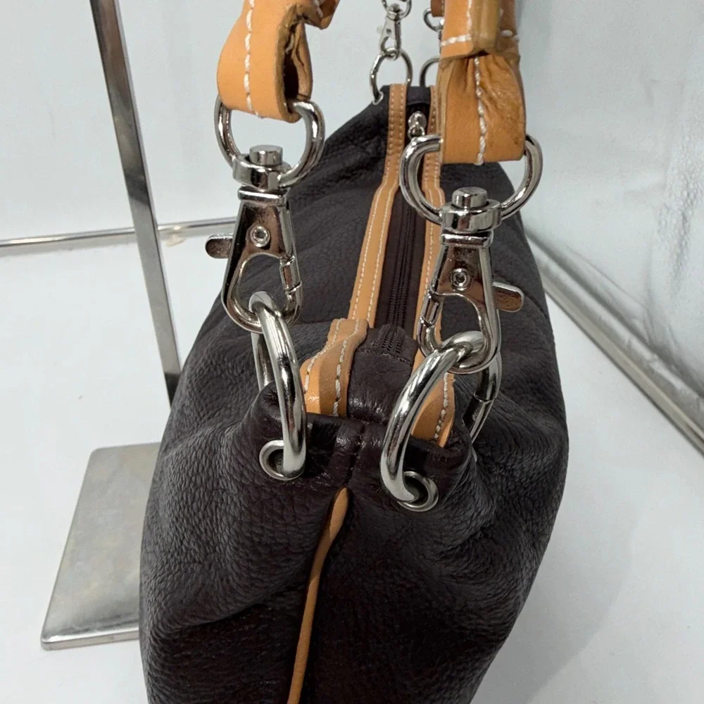 Maxx New York Pebbled Leather Shoulder Bag Tan Trim Silver Tone Hardware